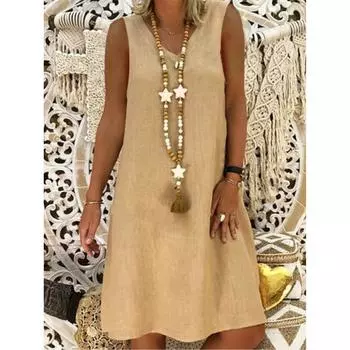 VEZFAA Женская мода Лето Весна Однотонный Принт Без Рукавов V-образный вырез Средняя Талия Повседневные Платья S хаки
