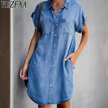VEZFAA Женская мода Лето Весна Однотонный Принт Короткий Рукав Воротник-ПОЛО Свободная Талия Повседневные Платья S серый