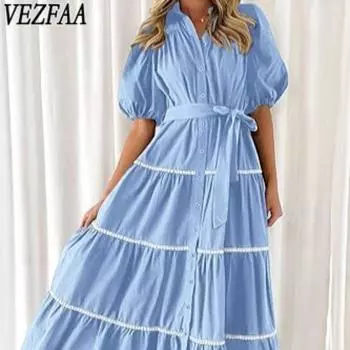 VEZFAA Женская мода Лето Весна Однотонный Принт Короткий Рукав Воротник-ПОЛО Свободная Талия Повседневные Платья S белый