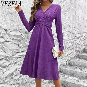 VEZFAA Женская мода Лето Весна Однотонный Принт Длинный Рукав V-образный Вырез Высокая Талия Повседневные Платья S морской синий