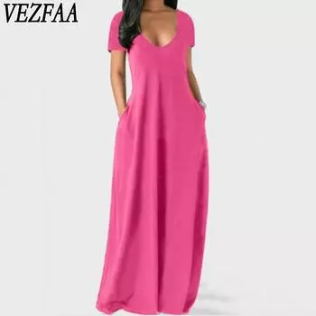 VEZFAA Женская мода Лето Весна Однотонный принт Короткий рукав V-образный вырез Свободная талия Повседневные платья S розовый