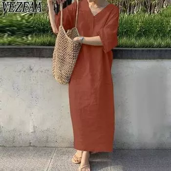 VEZFAA Женская мода Лето Весна Однотонный Принт Рукава 1/2 V-образный вырез Свободная Талия Повседневные Платья S оранжево-красный