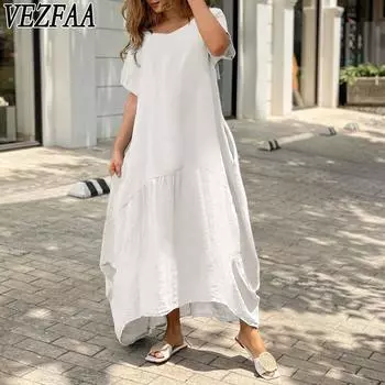 VEZFAA Женская мода Лето Весна Однотонный Принт Короткий Рукав О-Образный Вырез Свободная Талия Повседневные Платья S белый