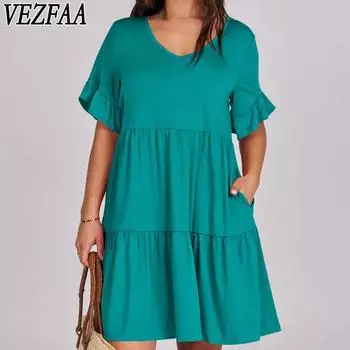 VEZFAA Женская мода Лето Весна Однотонный принт Короткий рукав V-образный вырез Свободная талия Повседневные платья S чёрный