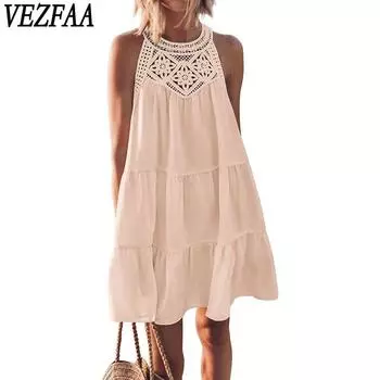 VEZFAA Женская мода Лето Весна Однотонный Принт Без Рукавов О-Образный Вырез Свободная Талия Повседневные Платья S белый