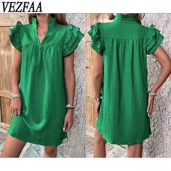 VEZFAA Женская мода Лето Весна Однотонный принт Короткий рукав V-образный вырез Свободная талия Повседневные платья S светло-синий