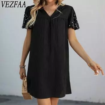 VEZFAA Женская мода Лето Весна Однотонный принт Короткий рукав V-образный вырез Свободная талия Повседневные платья S чёрный