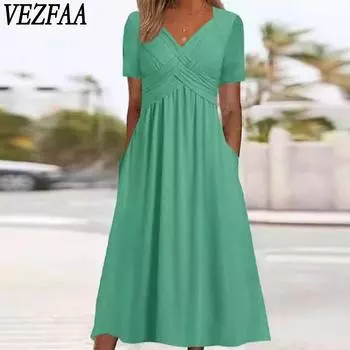 VEZFAA Женская мода Лето Весна Однотонный Принт Короткий Рукав V-образный Вырез Высокая Талия Повседневные Платья S зелёный