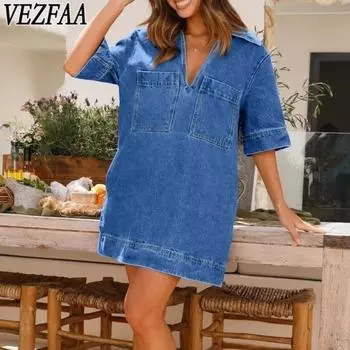 VEZFAA Женская мода Лето Весна Однотонный принт Короткий рукав V-образный вырез Свободная талия Повседневные платья S темно-синий