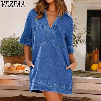 VEZFAA Женская мода Лето Весна Однотонный Принт Короткий Рукав Воротник-ПОЛО Свободная Талия Повседневные Платья S