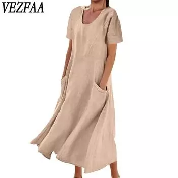 VEZFAA Женская мода Лето Весна Однотонный Принт Короткий Рукав О-Образный Вырез Свободная Талия Повседневные Платья S чёрный