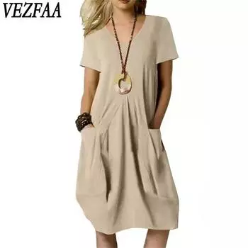 VEZFAA Женская мода Лето Весна Однотонный Принт Короткий Рукав О-Образный Вырез Свободная Талия Повседневные Платья S чёрный
