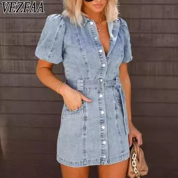 VEZFAA Женская мода Лето Весна Однотонный Принт Короткий Рукав Поло Воротник Высокая Талия Повседневные Платья S джинсовый синий