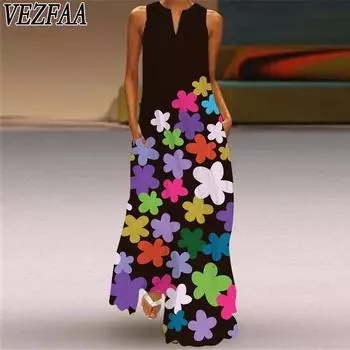 VEZFAA Женская мода Лето Весна Принт Без Рукавов V-образный Вырез Повседневные Платья S