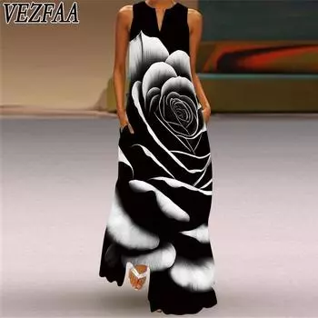 VEZFAA Женская мода Лето Весна Принт Без Рукавов V-образный Вырез Повседневные Платья S