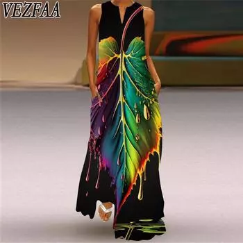 VEZFAA Женская мода Лето Весна Принт Без Рукавов V-образный Вырез Повседневные Платья S