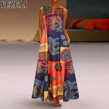 VEZFAA Женская мода Лето Весна Принт Без Рукавов V-образный Вырез Повседневные Платья S