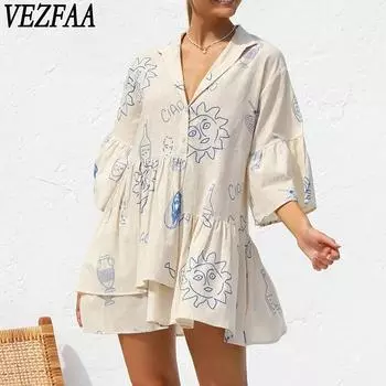 VEZFAA Женская мода лето весна 1/2 рукава поло воротник свободная талия повседневные платья S чёрный