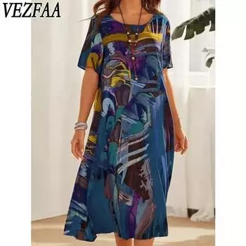 VEZFAA Женская мода Лето Весна Цветные Блоки Принт Короткие рукава О-образный вырез Свободная талия Повседневные платья S синий