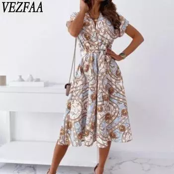 VEZFAA Женская мода лето весна цвет блок принт короткий рукав V-образный вырез средняя талия повседневные платья
