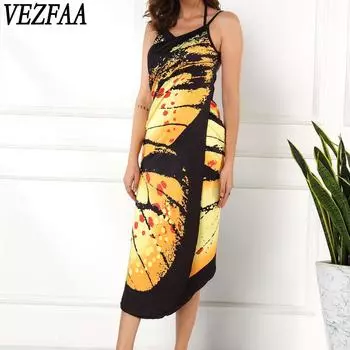 VEZFAA Женская мода Лето Весна Цветные Блоки Принт Без Рукавов V-образный вырез Средняя талия Повседневные Платья S жёлтый