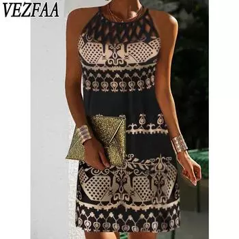 VEZFAA Женская мода Лето Весна Цветные Блоки Принт Без Рукавов Средняя Талия Повседневные Платья S