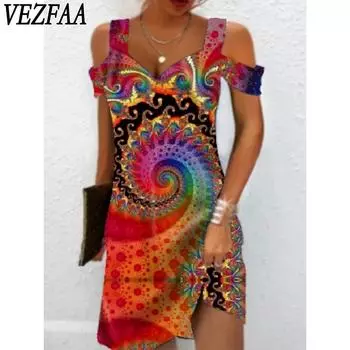 VEZFAA Женская мода Лето Весна Цветные Блоки Принт Без Рукавов V-образный вырез Средняя талия Повседневные Платья S красный