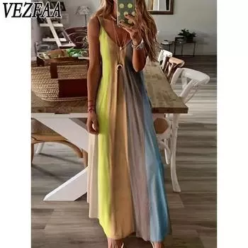 VEZFAA Женская мода лето весна цвет блок принт без рукавов V-образный вырез высокая талия повседневные платья S жёлтый