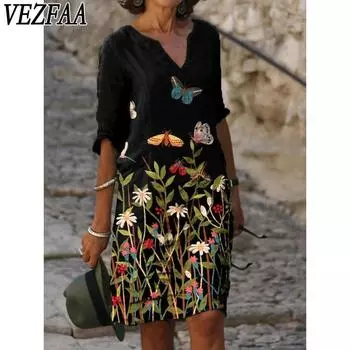 VEZFAA Женская мода Лето Весна Цветочный узор Принт Рукава 1/2 V-образный вырез Свободная талия Повседневные платья S