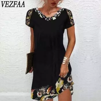 VEZFAA Женская мода Лето Весна Цветочный узор Принт Короткие рукава О-образный вырез Средняя талия Повседневные платья S белый