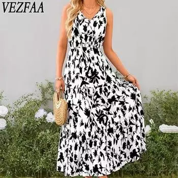 VEZFAA Женская мода Лето Весна Цветочный узор Принт Без рукавов V-образный вырез Повседневные платья S чёрный