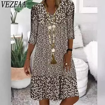 VEZFAA Женская мода лето весна горошек принт рукава 3/4 V-образный вырез свободная талия повседневные платья
