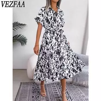VEZFAA Женская мода лето весна леопардовый принт короткий рукав поло воротник высокая талия повседневные платья S белый