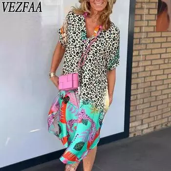 VEZFAA Женская мода Лето Весна Леопардовый принт Короткий рукав Полуводолазка Свободная талия Повседневные платья S синий