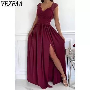 VEZFAA Женская мода лето весна однотонный принт без рукавов с v-образным вырезом повседневные платья