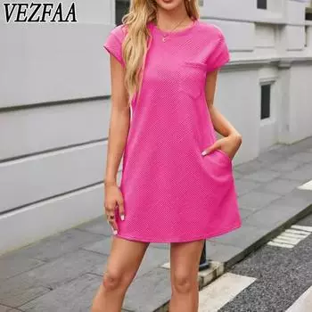 VEZFAA Женская мода Лето Весна Однотонный Принт Короткий Рукав О-Образный Вырез Свободная Талия Повседневные Платья S чёрный