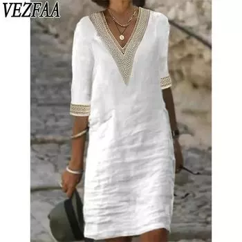 VEZFAA Женская мода лето весна однотонный принт рукава 1/2 с v-образным вырезом свободная талия повседневные платья