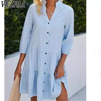 VEZFAA Женская мода лето весна однотонный принт рукава 1/2 воротник-стойка свободная талия повседневные платья S синий