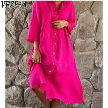 VEZFAA Женская мода Лето Весна Однотонный Принт Рукава 3/4 Воротник-стойка Средняя Талия Повседневные Платья S зелёный