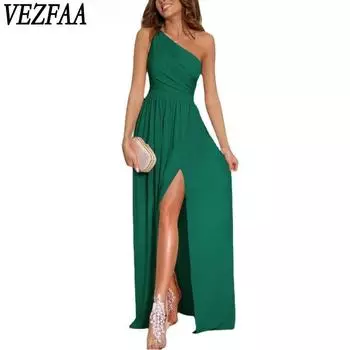 VEZFAA Женская мода лето весна однотонный принт без рукавов с косым воротником повседневные платья S бежевый