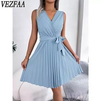 VEZFAA Женская мода лето весна однотонный принт без рукавов V-образный вырез повседневные платья S хаки