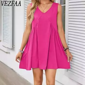 VEZFAA Женская мода Лето Весна Однотонный Принт Без Рукавов V-образный Вырез Свободная Талия Повседневные Платья XS чёрный