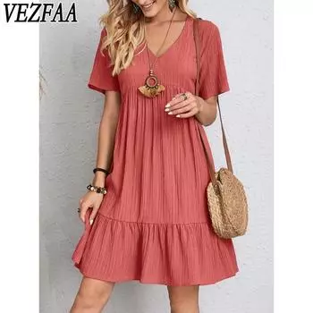 VEZFAA Женская мода Лето Весна Однотонный принт Короткий рукав V-образный вырез Свободная талия Повседневные платья S красный