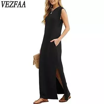 VEZFAA Женская мода Лето Весна Однотонный Принт Без Рукавов О-Образный Вырез Свободная Талия Повседневные Платья S чёрный