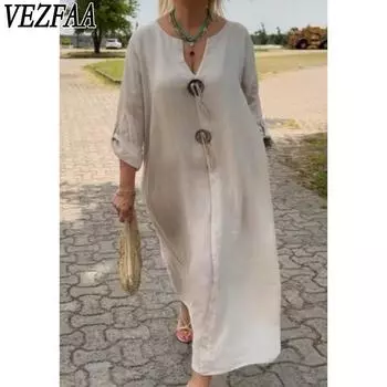 VEZFAA Женская мода Лето Весна Однотонный принт Короткий рукав V-образный вырез Свободная талия Повседневные платья S жёлтый