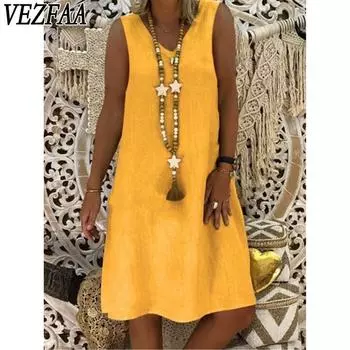 VEZFAA Женская мода Лето Весна Однотонный Принт Без Рукавов V-образный вырез Средняя Талия Повседневные Платья S хаки