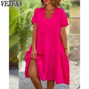 VEZFAA Женская мода Лето Весна Однотонный принт Короткий рукав V-образный вырез Свободная талия Повседневные платья S чёрный