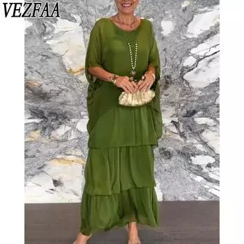 VEZFAA Женская мода Лето Весна Однотонный Принт Рукава 1/2 О-образный Вырез Свободная Талия Повседневные Платья S