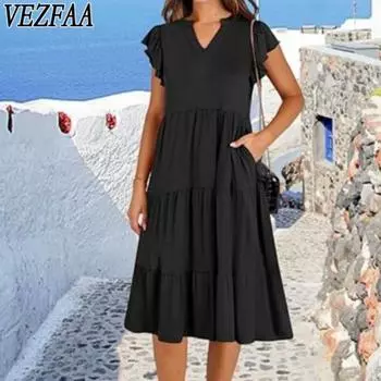 VEZFAA Женская мода Лето Весна Однотонный принт Короткий рукав V-образный вырез Свободная талия Повседневные платья S чёрный