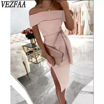 VEZFAA Женская мода лето весна однотонный принт с коротким рукавом на одно плечо средней талии повседневные платья S розовый